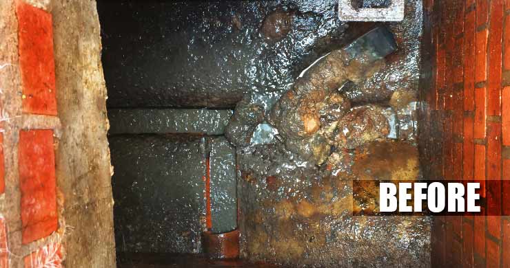 Close-up from an urgent emergency call-out in Sheffield: a brick-built blocked drain, showing the actual blockage before removal � mainly creamy-yellow fat blocking one of the three pipe junctions.