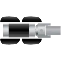Illustration of an all-aluminium CCTV survey robot vehicle, with four tall, narrow rubber wheels.