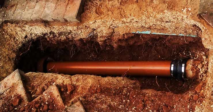 Close-up of a newly repaired light-brown underground drain pipe showing both joints in a residential Sheffield kitchen yard