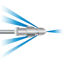 Hand-drawn top-elevation illustration of a shiny metal jet nozzle. A high-pressure blue water jet stream sprays forward from the center, with two smaller streams pointing backward from either side, all fading softly into a white background.