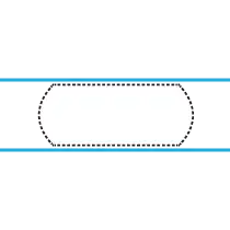 Simple line illustration of a patched sewer pipe in blue, with the lining patch highlighted by a dashed blue line.