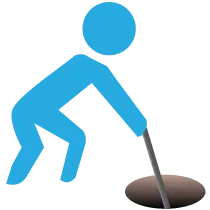 Hand-drawn side-elevation vector illustration showing a drain operative in light blue over a dark grey manhole, holding an unblocking tool lowered into a blocked sewer