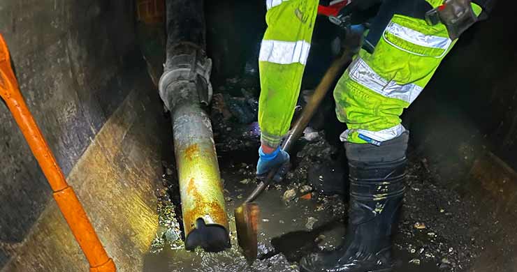 A Sheffield drainage operative, dressed in full high-vis and wellingtons, inside a vast flood-lit drainage system clearing away built-up gravel, silt and debris using a good old-fashioned shovel.
