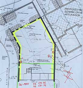 technical drawing showing the plan of a commercial properties drains and sewers highlight in yellow the drain that has been inspected