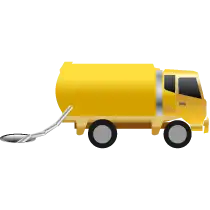 Hand-drawn illustration of a bright yellow jet-vac vehicle with attractive lighting effects, showing the cab and large cylindrical container, with a pipe leading into the drainage system.